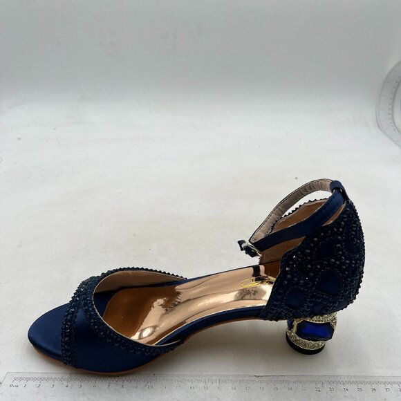 XYD Navy Bridal Ankle Strap Peep Toe Rhinestone Studs Block Low Heel Sandal - Picture 2 of 8